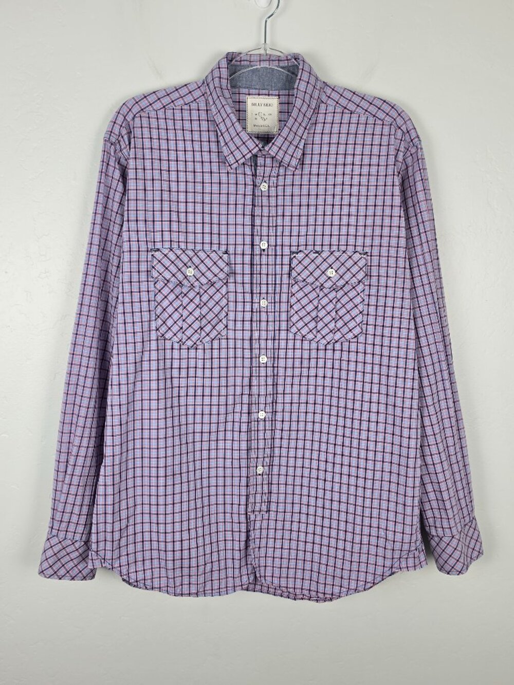 Billy Reid Button Up Shirt Long Sleeve Plaid Cotton Pockets Purple Blue Size L